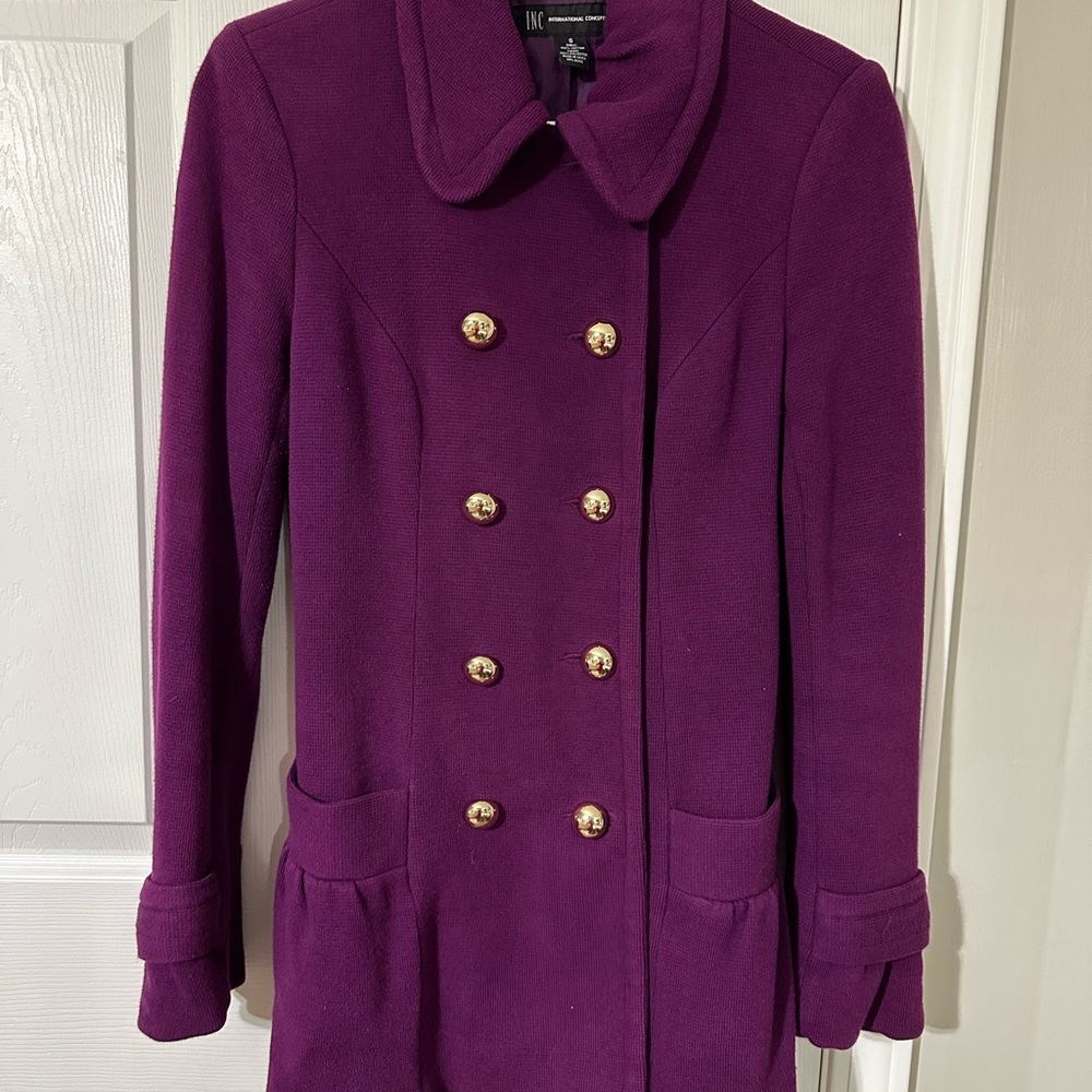 INC International Concepts Rich Purple Pea Coat with Gold Buttons